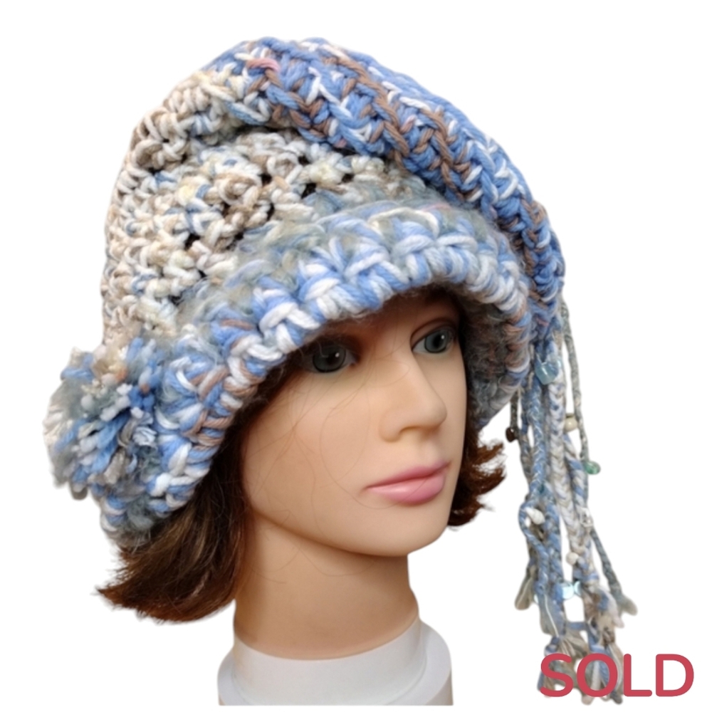Slouchy beret bohemian blue bead hand-knit hat - Picture 1 of 11